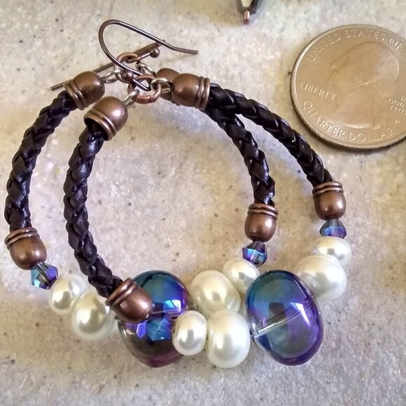 Boho Leather Hoop Earrings with Crystals & Pearls | Handmade Rustic Chic Jewelry - Picture 9 of 12